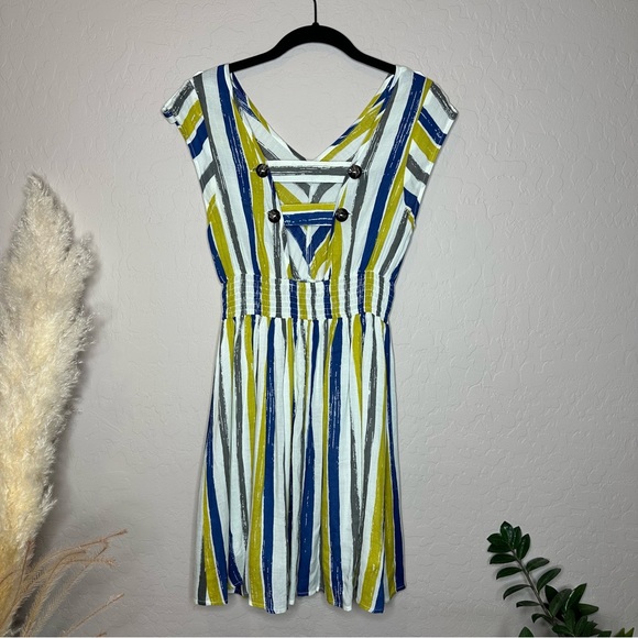 Striped Mini Skirt Dress, White Blue Green Gray Spring Summer Dress, size medium - Picture 9 of 15